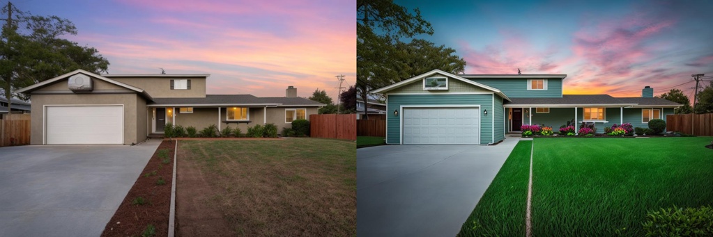 a house; [Photography, raw, movie shot] a beautiful house, beautiful lawn in the front yard, drive way next to the garage, flowers between drive way and lawn