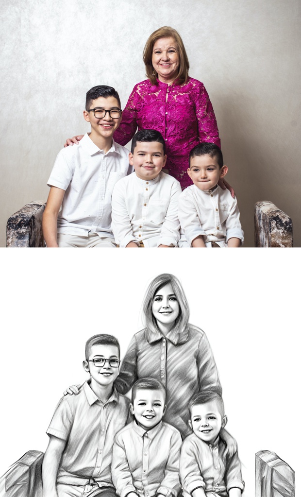 [Style of (sketch drawing:1.5), character sketch] A beautiful mom and three sons, Spain