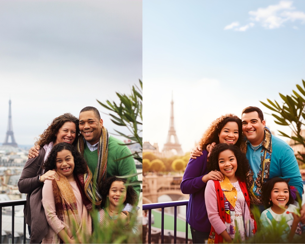 [Pixar style, Disney] Group photos of a happy family, beautiful, Eiffel Tower