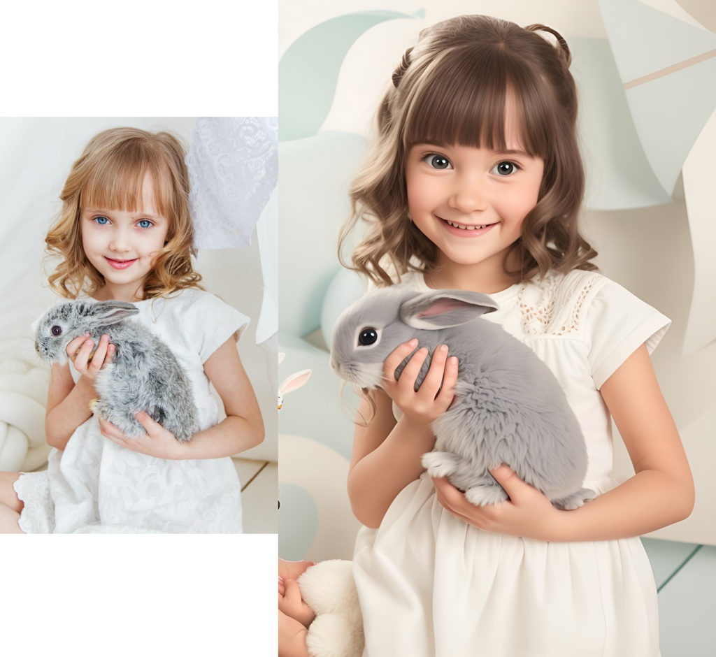 Smiling Girl Holding Gray Rabbit; [Pixar style, Disney, 3D, cartoon character] Smiling Girl Holding Gray Rabbit