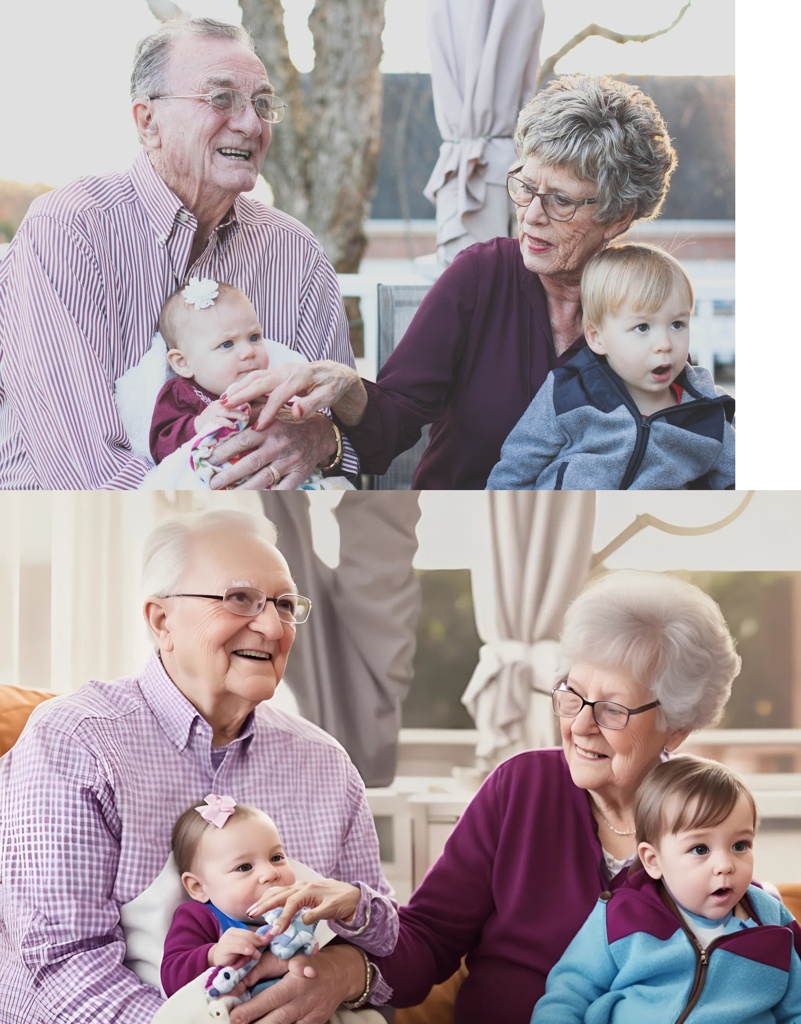 Grandmother and Grandfather Holding Child on Their Lap; [Pixar style, Disney] Grandmother and Grandfather Holding Child on Their Lap; [Pixar style, Disney] hand