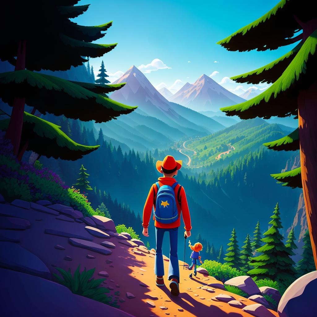 [Cartoon, Pixar style] a person is climbing up stairs on a mountain; [Cartoon, Pixar style] a person is walking on a beautiful mountain trail; [Cartoon, Pixar style] a person is walking on a beautiful mountain trail