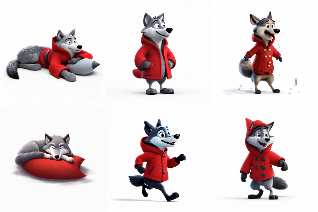 [Pixar style, Disney] 大灰狼来了。他一边敲门，一边捏着鼻子唱歌; [Pixar style, Disney] a wolf is knocking on the door; [Pixar style, Disney] a cute bunny; [Pixar style, Disney] two wolves and a bunny meet in a beautiful grassland.; [Pixar style, Disney] grass land; [Pixar style, Disney] a wolf in red coat; [Pixar style, Disney] a wolf in red coat; [Pixar style, Disney] a wolf in red coat running; [Pixar style, Disney] a wolf in red coat crawling; [Pixar style, Disney] a wolf in red coat (crying:2.0); [Pixar style, Disney] a gray wolf in red coat sleeping; [Pixar style, Disney] a gray wolf in red coat sleeping on the bed; [Pixar style, Disney] a gray wolf in red coat sleeping on the bed