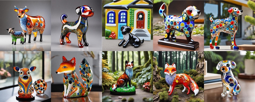 [Murrine glass] a cute dog; [Murrine glass] a cute dog in front of a house; [Murrine glass, 3D] a fox in the forest; [Murrine glass, statue] a fox in the forest; [Murrine glass, sculpture] a fox in the forest; [Murrine glass, sculpture] a cute dog; [Murrine glass, sculpture] a cute dog in front of a house; [Murrine glass, sculpture] a cute dog, clear background; [Murrine glass, scuplture] a cow and a fox; [Murrine glass, sculpture] a cow and a fox