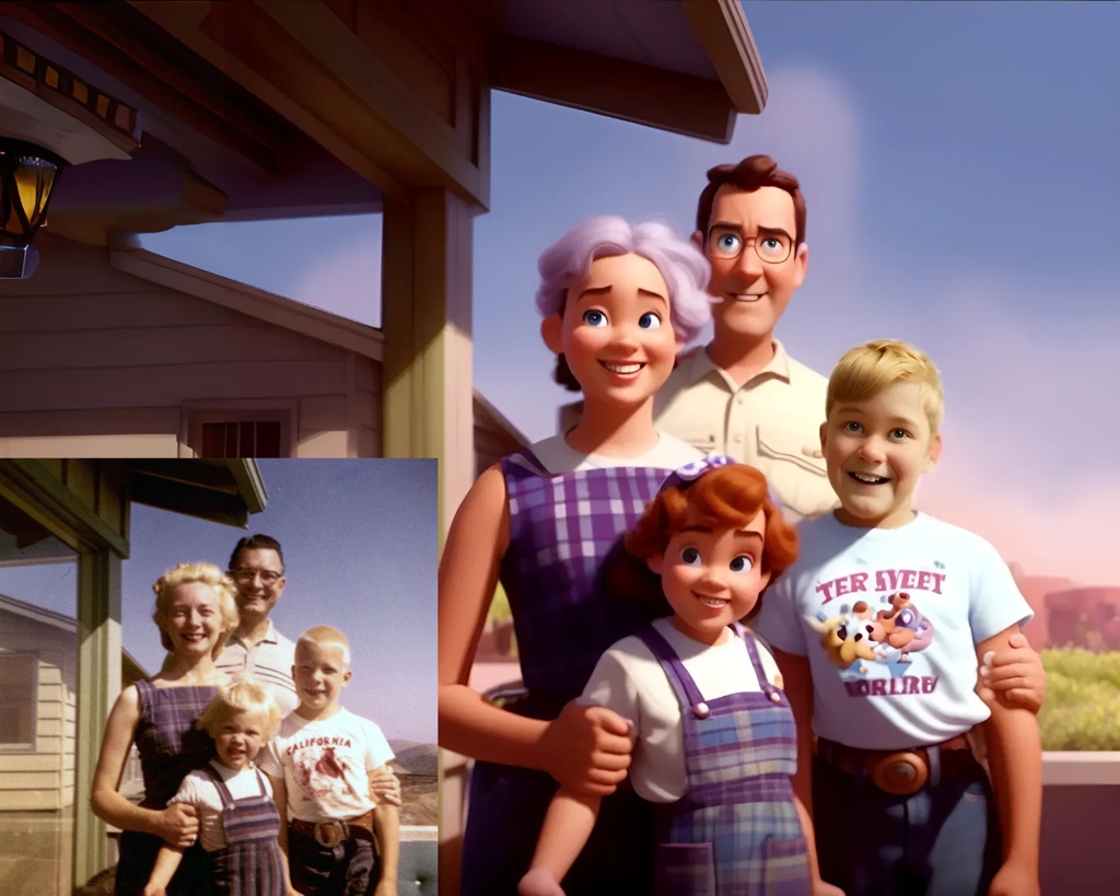 [Pixar style, Disney] young boy; [Pixar style, Disney] father, mother, and young boy and girl; [Pixar style, Disney] young boy; [Pixar style, Disney] father, mother, and young boy and girl; [Pixar style, Disney] background; W.H. Shumard family, circa 1955