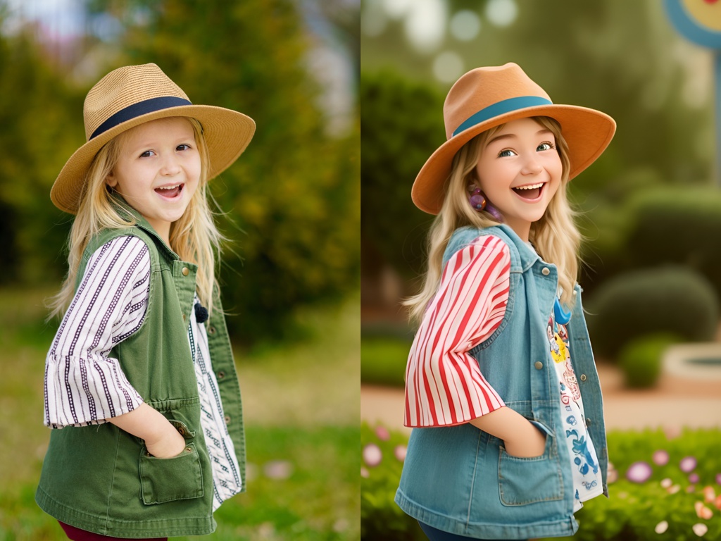 [Pixar style, Disney, 3D, cartoon character] A happy girl, wearing a hat