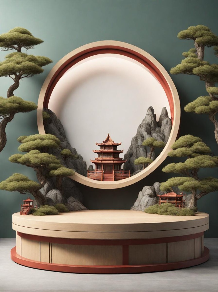 round flat podium, product display, with Guest-Greeting Pine and rockery and chinese ancient architecture on it, minimalist chinese background wall，studio lights, 3D, rendering, super detailed; round flat podium, product display, with Guest-Greeting Pine and rockery and chinese ancient architecture on it, minimalist chinese background wall，studio lights, 3D, rendering, super detailed; round flat podium, product display, with Guest-Greeting Pine and rockery and chinese ancient architecture on it, minimalist chinese background wall，studio lights, 3D, rendering, super detailed