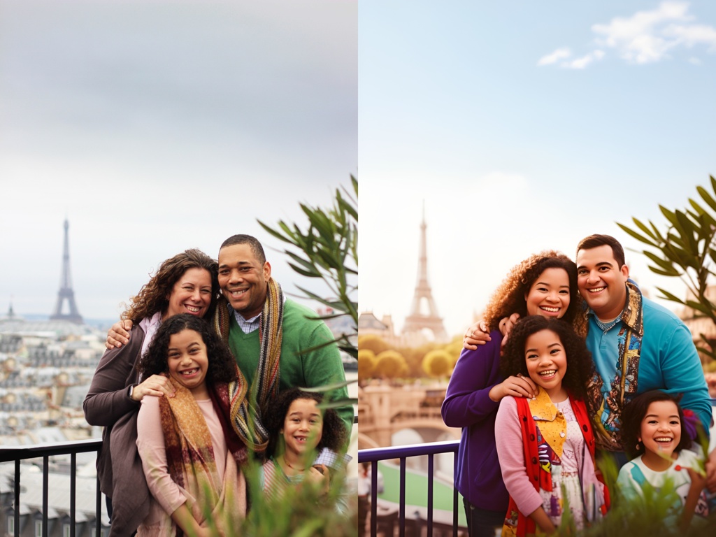 [Pixar style, Disney] Group photos of a happy family, beautiful, Eiffel Tower