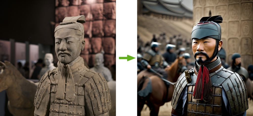 [Photography, raw, movie shot] Ancient Chinese warriors in Qin dynasty, brown horse.; green, arrow, right; 1686875669474xwi2t.0; 1686875669474xwi2t.1