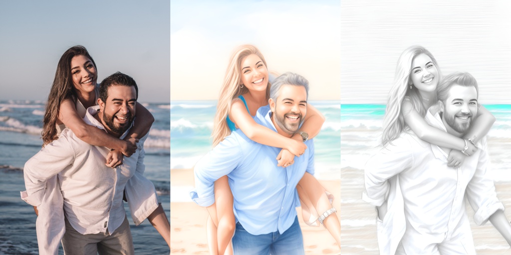 [Style of sketch drawing, character sketch] A happy couple on the beach; [Style of (sketch drawing:1.5), character sketch] A happy couple on the beach, white clothes