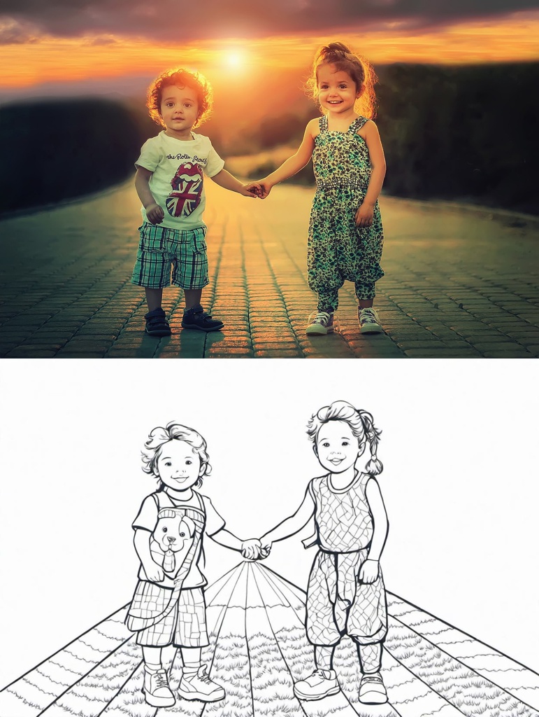 children, siblings, brother; [Style of (coloring page:1.6), line art, thin black lines, vector illustration, (white background:1.2)] children, siblings, brother