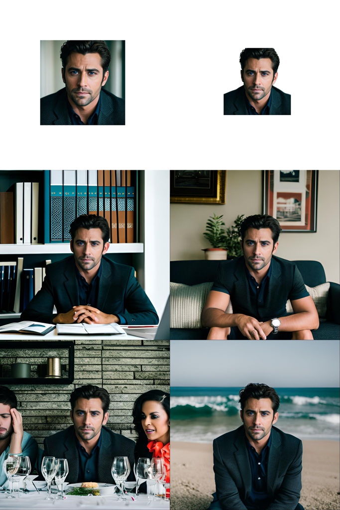 a man working in a private office; a man sitting on the beach; a man in a party; [Photography, raw, movie shot] portrait of a handsome actor; [Photography, raw, movie shot] a man sitting on a couch