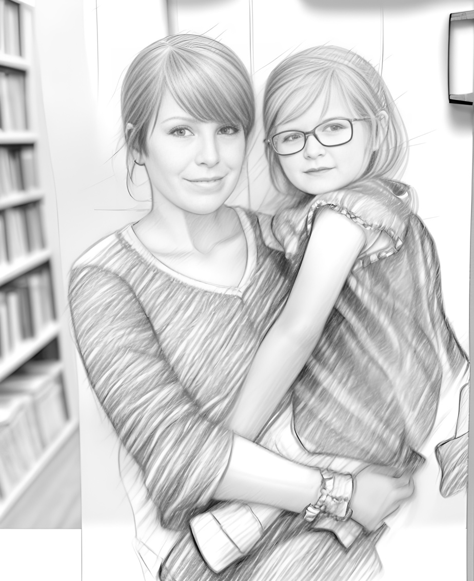 pencil sketch drawing of a family, created from a reference photo with generative AI similar as midjourney