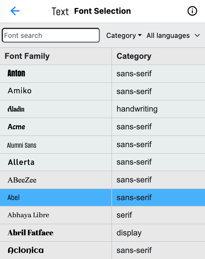 screenshot of font selection